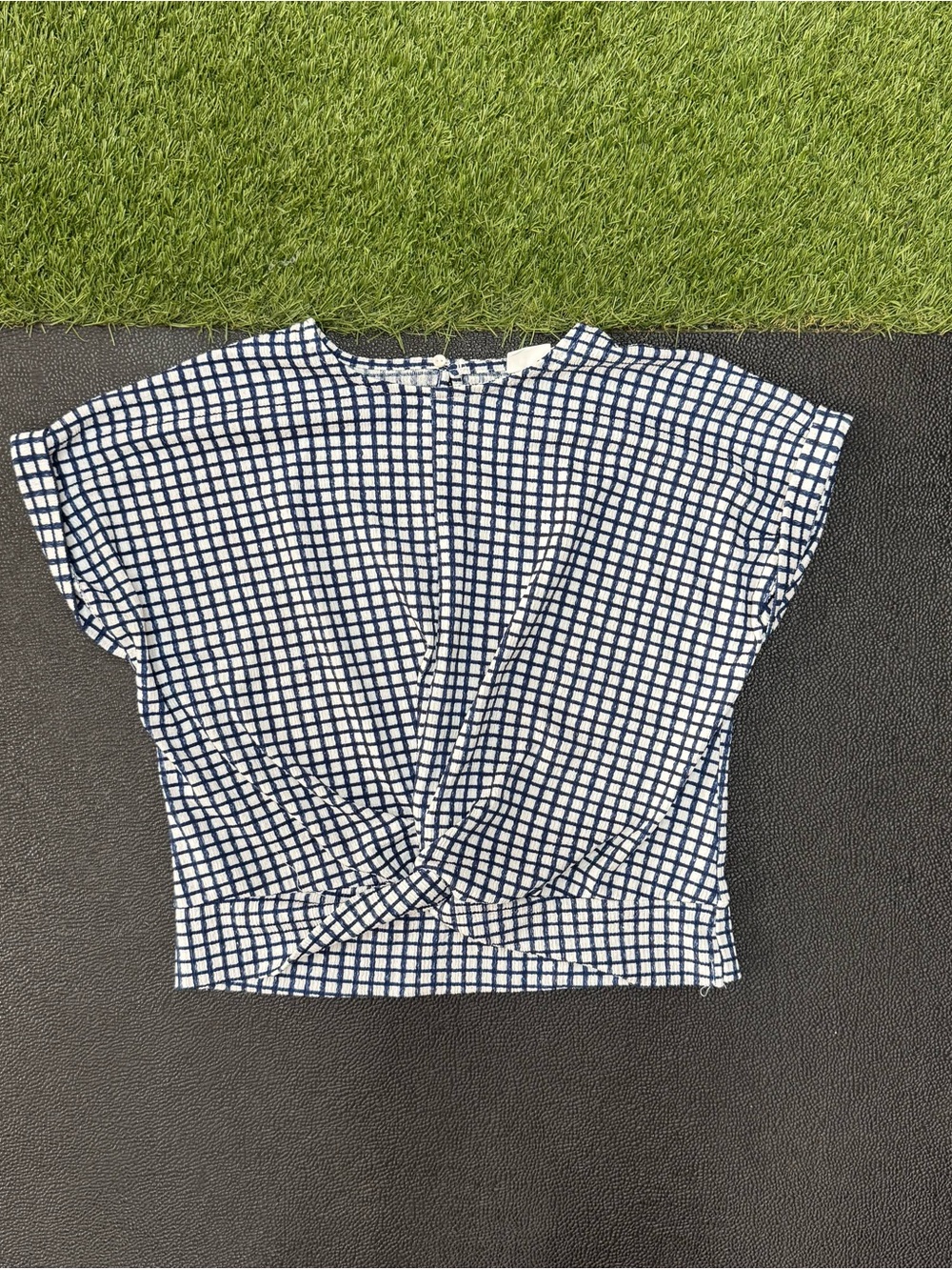 Women's Navy Check Knot-Front Top